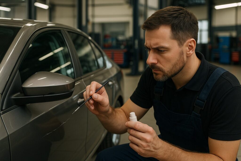 Mecánico profesional realizando reparación de arañazo profundo en auto usado con técnica smart repair en taller italiano, aplicando pintura retoque con precisión