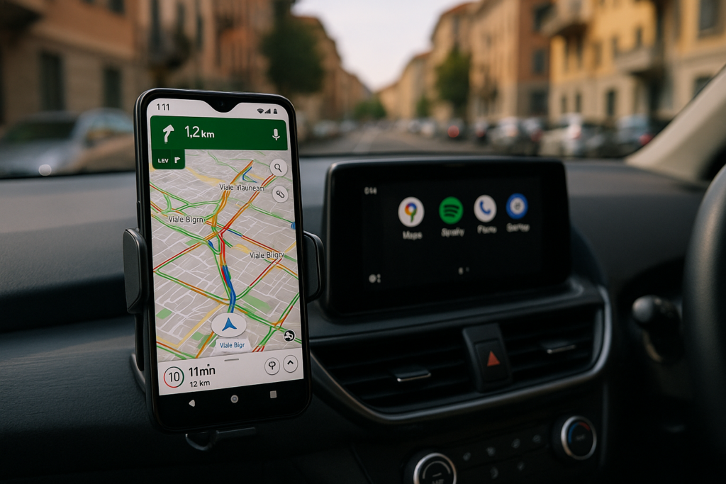 Smartphone con Android Auto e Google Maps usato come navigatore su auto usata in città italiana