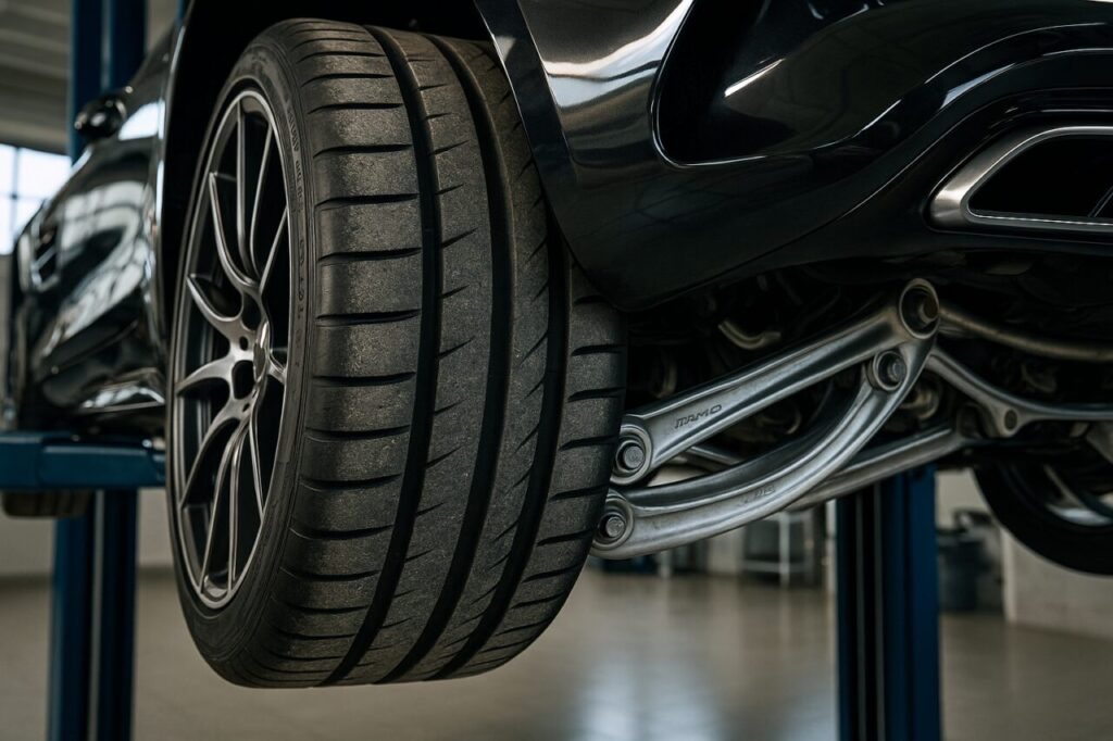 Sospensione posteriore multilink in alluminio e pneumatici ad alte prestazioni di una Mercedes-AMG GT seminuova
