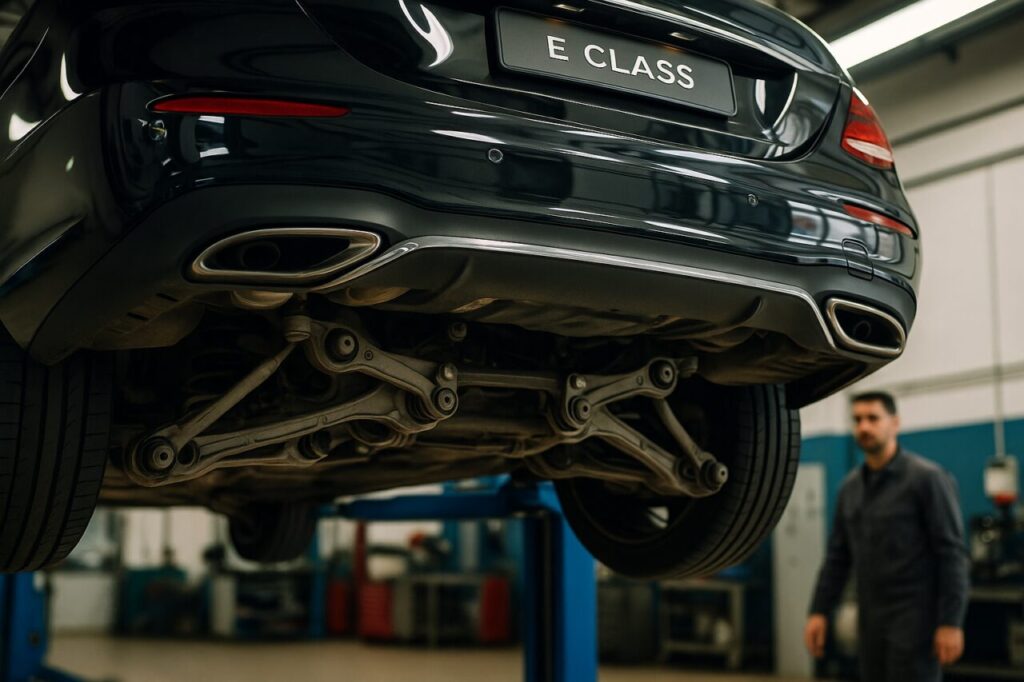 Sospensioni posteriori multilink Mercedes Classe E in officina, manutenzione auto usata NLT