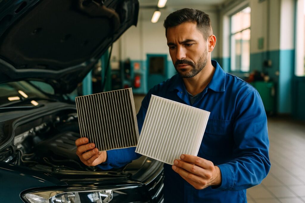 Sostituzione filtro abitacolo auto usata in officina durante manutenzione noleggio lungo termine