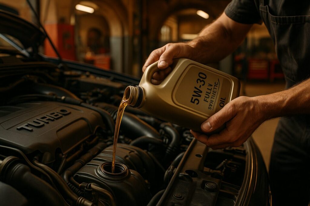 Sostituzione olio sintetico 5W-30 motore turbo benzina, tagliando auto usata noleggio a lungo termine