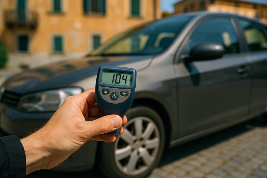 Utilizzo dello spessimetro per controllare lo spessore della verniciatura di un'auto usata