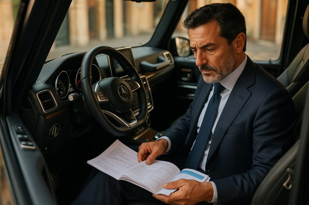 Proprietario controlla la storia manutenzione di una Mercedes Classe G usata prima del noleggio lungo termine