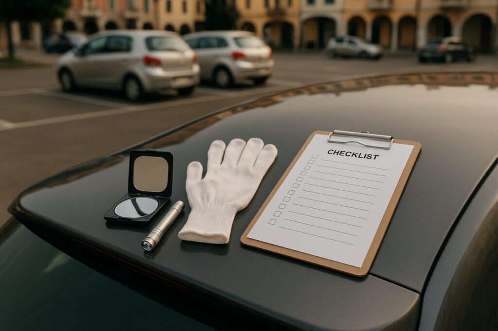 Strumenti per ispezione auto usata specchietto torcia guanto lista controllo noleggio lungo termine