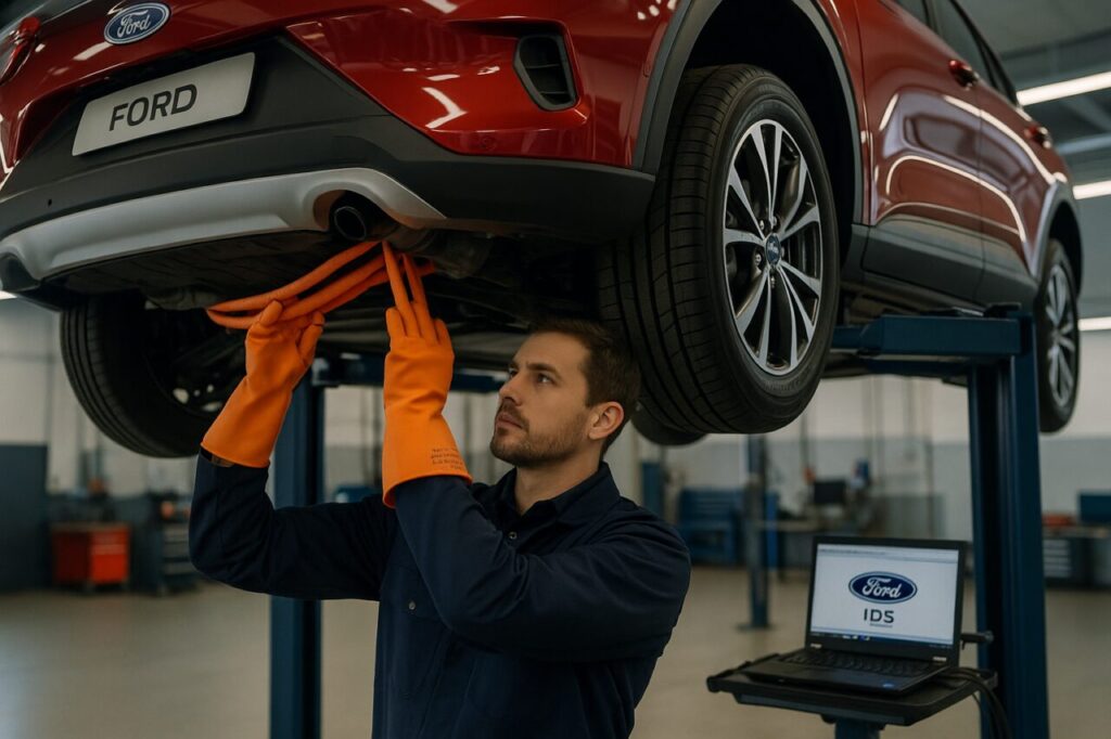 Tecnico specializzato in alta tensione esegue diagnosi su Ford Kuga PHEV ibrido plug-in in officina autorizzata