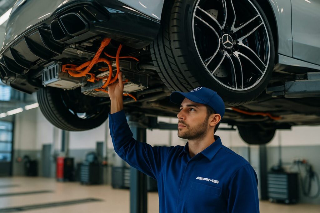 Tecnico certificato AMG ispeziona il sistema ibrido ad alto voltaggio della Mercedes-AMG C 63 S E Performance Estate su ponte sollevatore