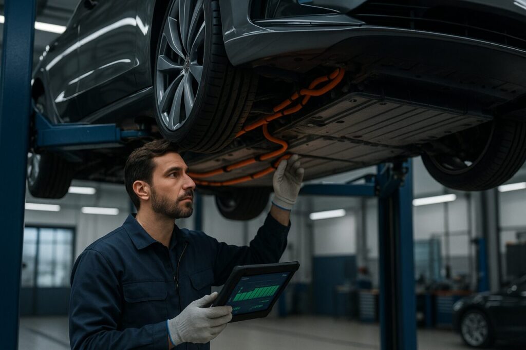 Tecnico specializzato controlla la batteria e la piattaforma EVA2 di una Mercedes EQS in officina autorizzata