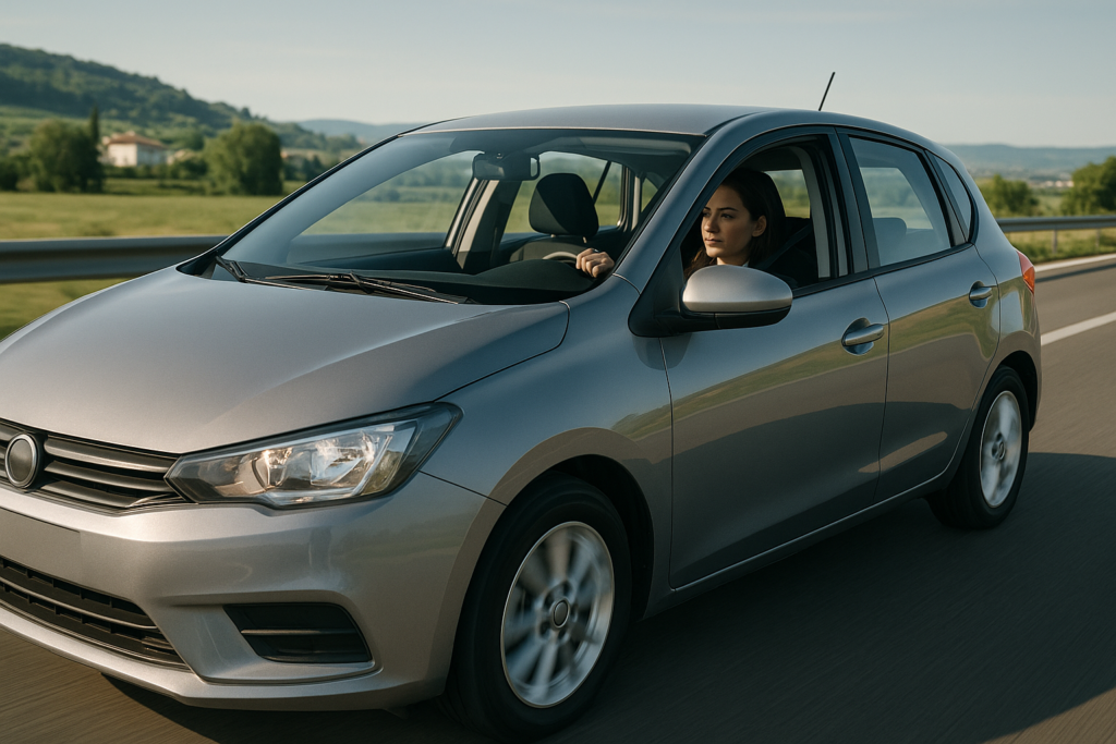 Mujer conduciendo auto seminuevo en carretera italiana durante test drive de noleggio a lungo termine