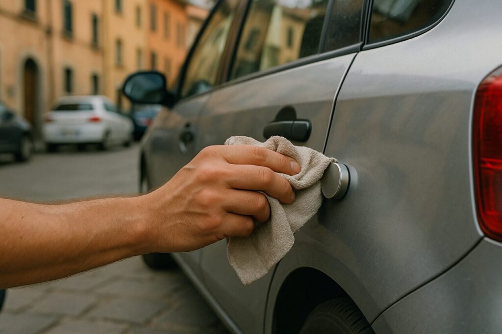 Test del magnete sulla carrozzeria di un'auto usata per rilevare la presenza di stucco o body filler