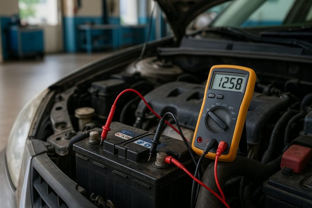 Test con multimetro sulla batteria di un'auto usata km0 per verificarne lo stato di salute