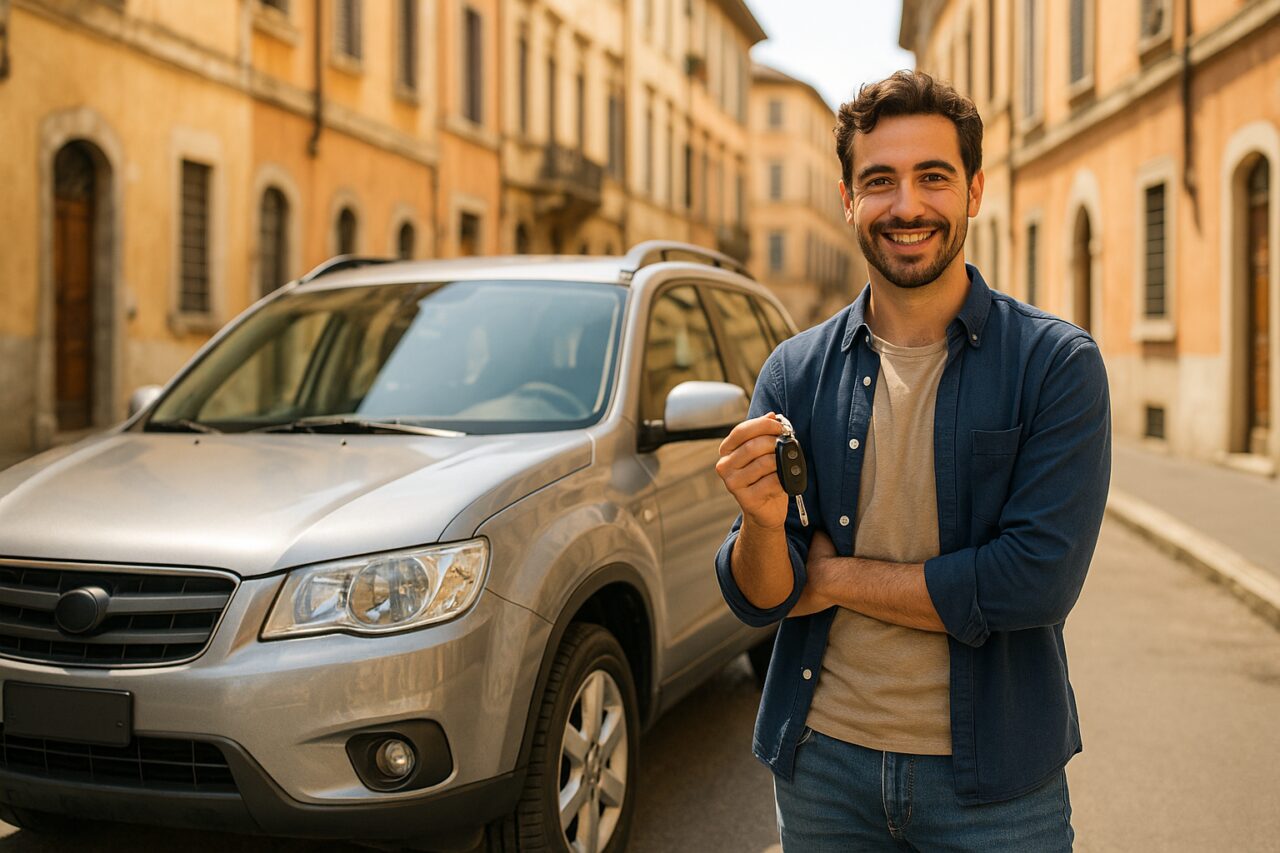 Uomo italiano che tratta il prezzo di un'auto usata presso un concessionario in Italia