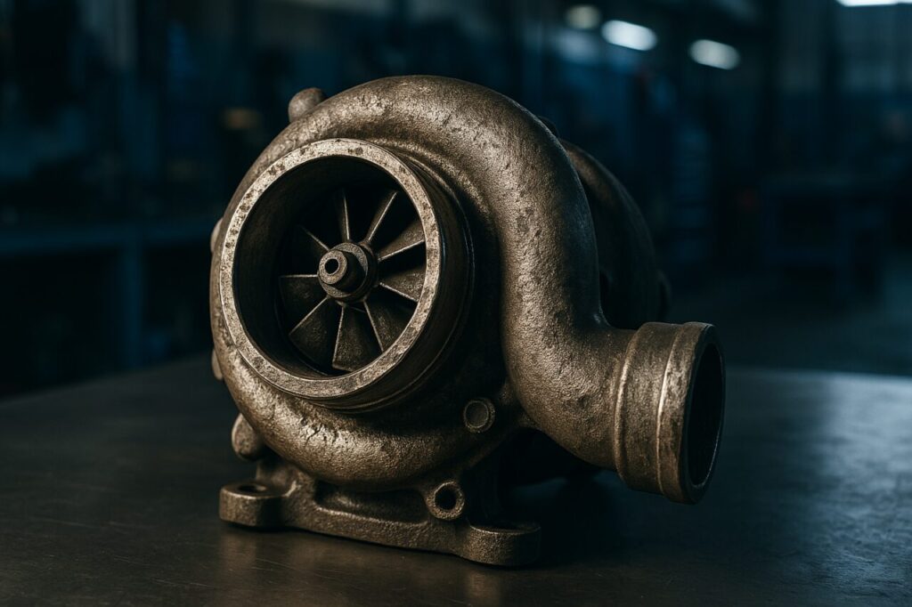 Turbina usurata di un motore a benzina con segni di deterioramento e usura