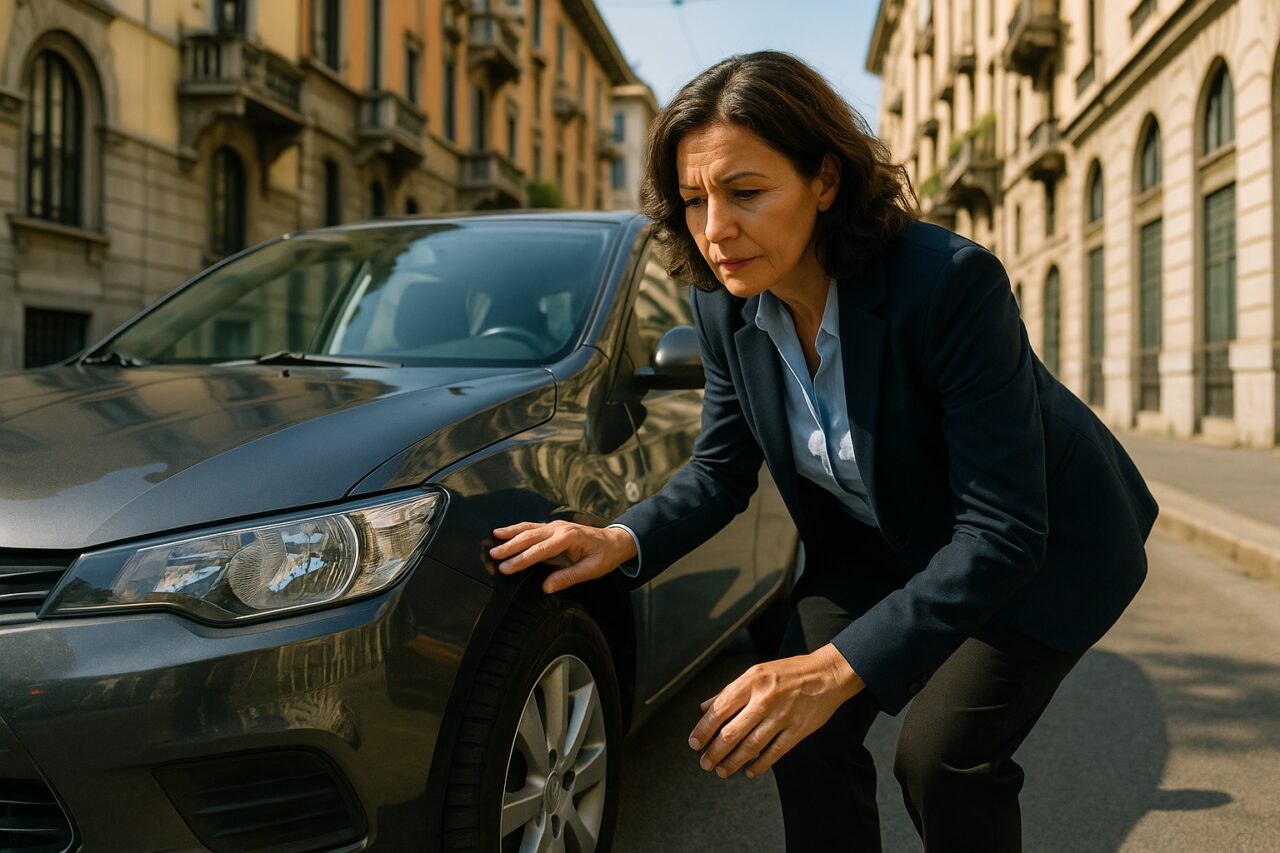 Donna valuta auto usata grigia a Milano - valutazione veicolo seminuovo 2026