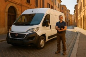 Veicolo commerciale usato in noleggio a lungo termine parcheggiato in una strada italiana con imprenditore