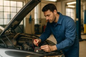 Meccanico che verifica la batteria di un'auto usata prima del noleggio a lungo termine