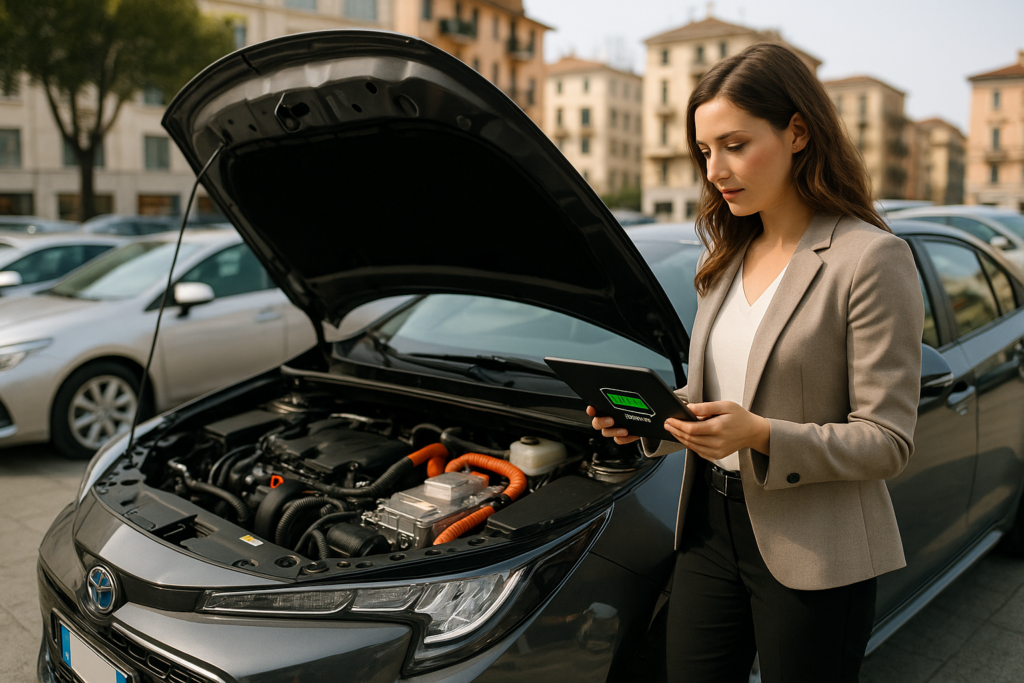 Donna che verifica batteria auto ibrida usata nel noleggio lungo termine Italia