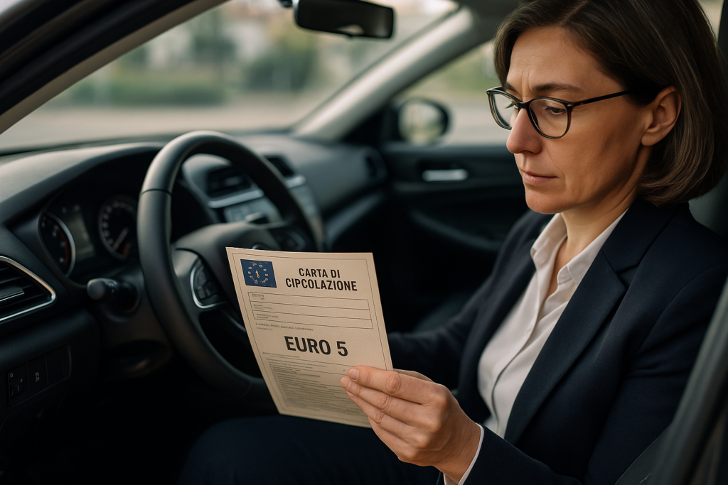 Proprietario che verifica la classe Euro 5 della carta di circolazione di un'auto usata in noleggio lungo termine