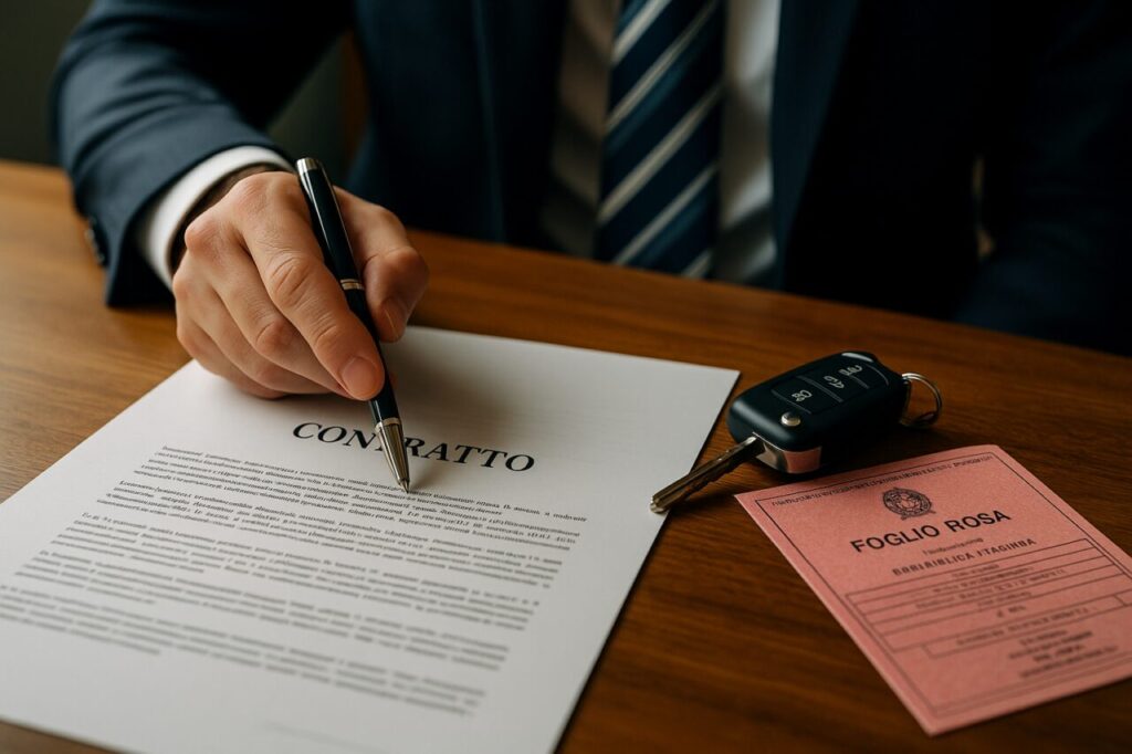 Verifica contratto compravendita auto usata: documento legale con certificato proprietà e chiavi auto