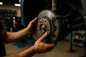 Meccanico che controlla il disco freno di un'auto usata in officina - vibrazioni in frenata noleggio a lungo termine