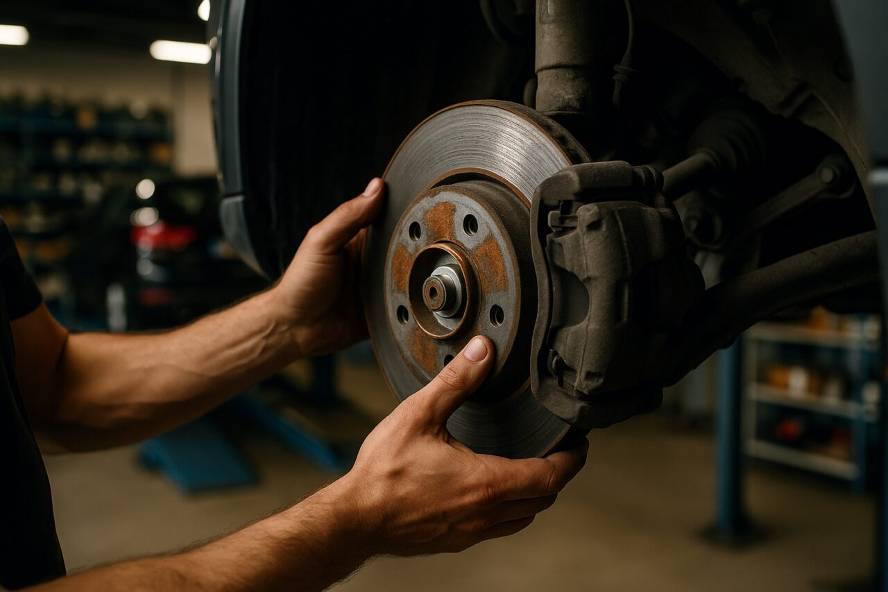 Meccanico che controlla il disco freno di un'auto usata in officina - vibrazioni in frenata noleggio a lungo termine